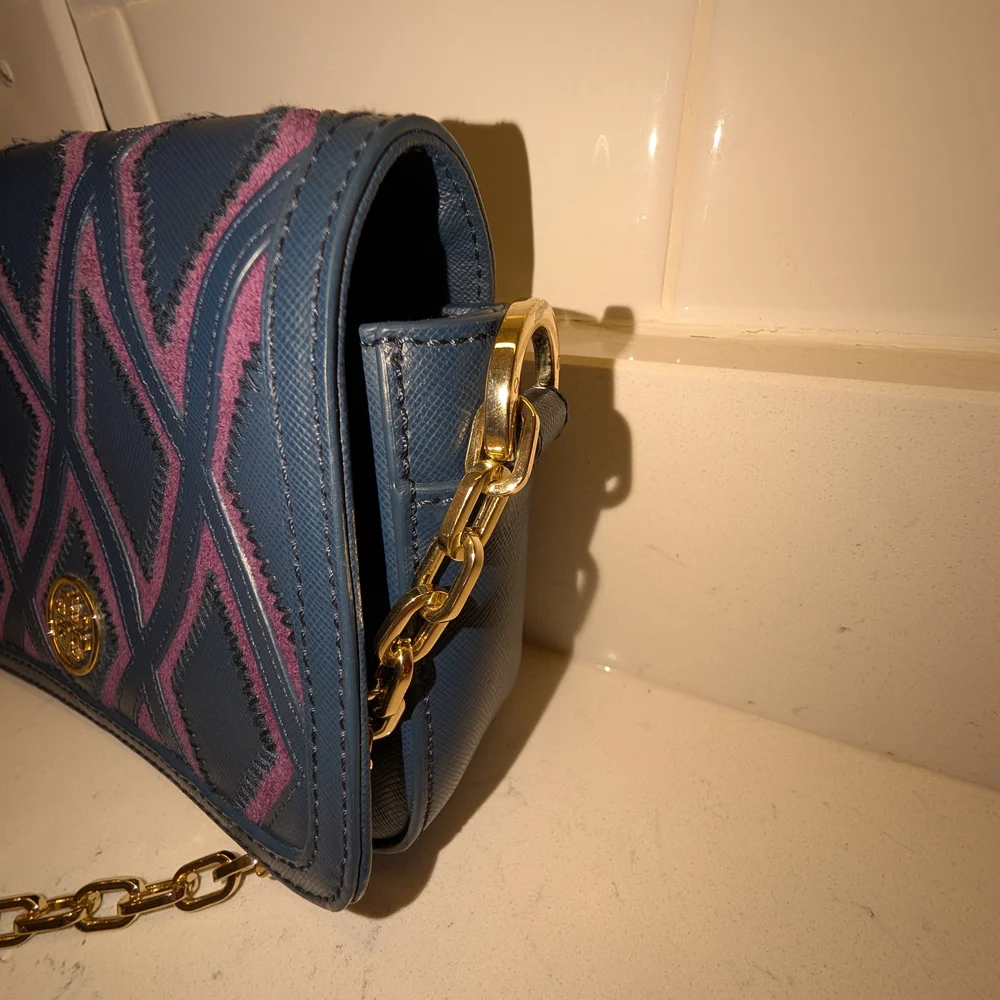Tory Burch Blue and Purple Robinson Patchwork Chain Crossbody Bag